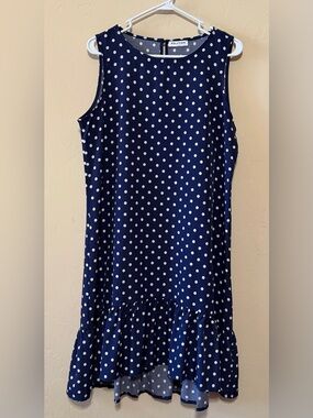 Solution Navy Polka Dot Midi Dress with Ruffle Hem